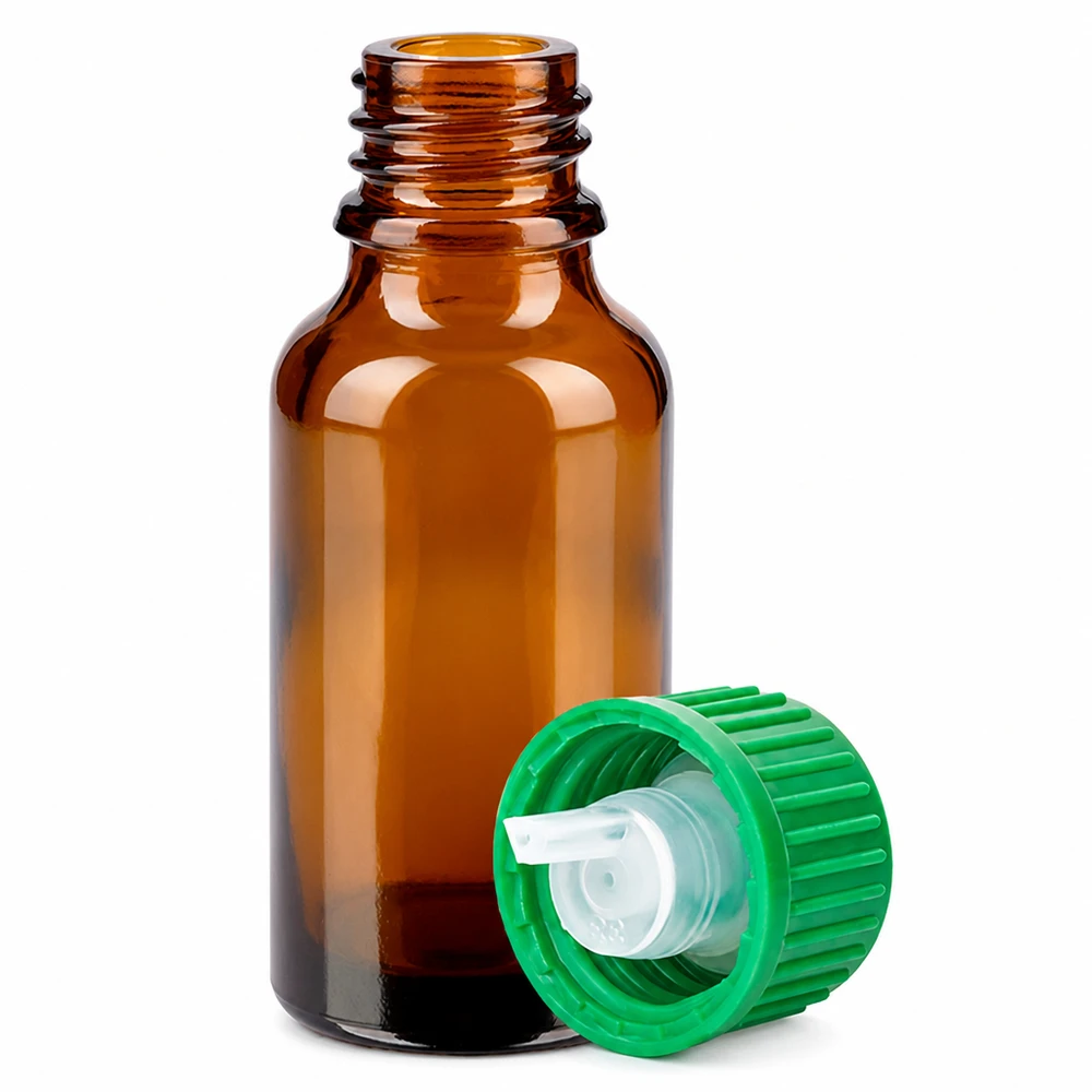 Flacone in vetro compatto da 20 ml con apertura a contagocce fine da 0,8 mm e tappo a vite verde