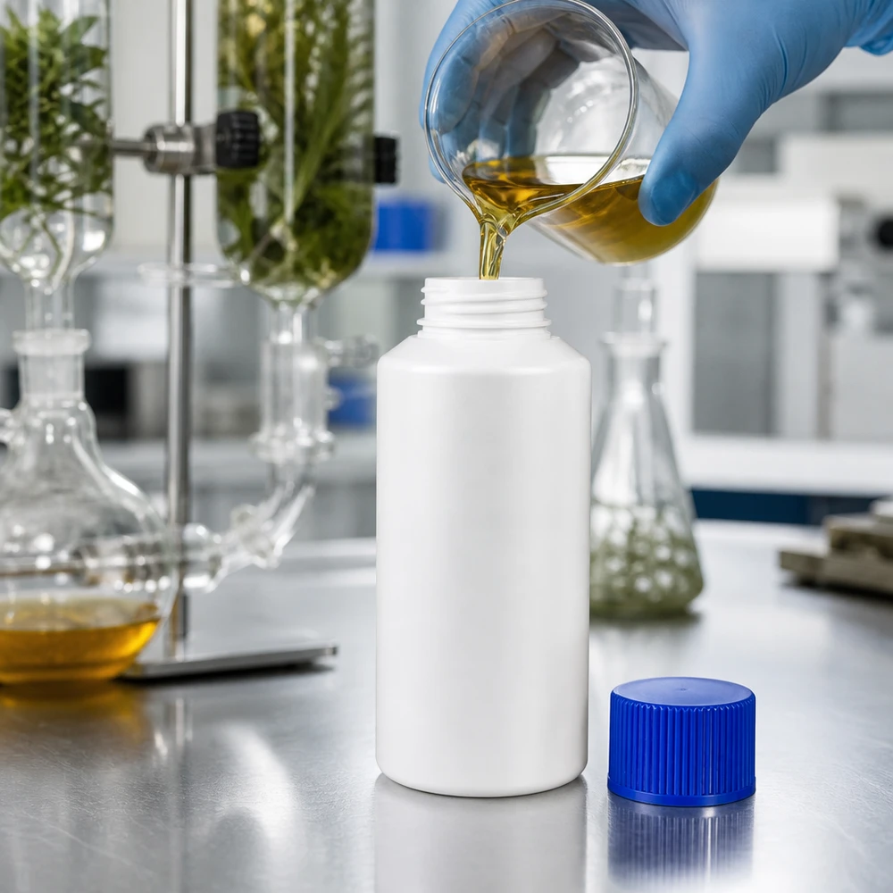 Flacon en plastique blanc de 30 ml avec bouchon à vis bleu, destiné au conditionnement professionnel d'huile