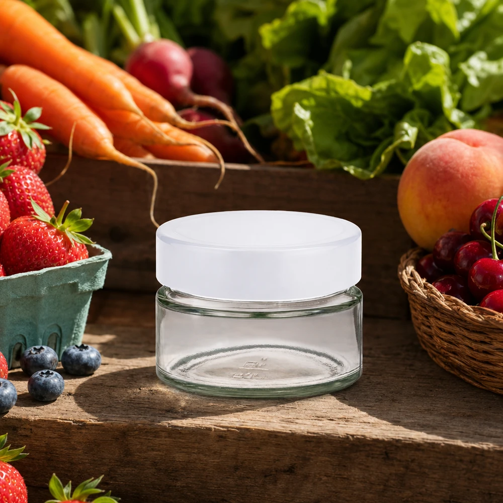 Bicchiere rotondo da 130 ml UNiTWIST BasicSeal bianco in un ambiente naturale di cucina con frutta e verdura fresca