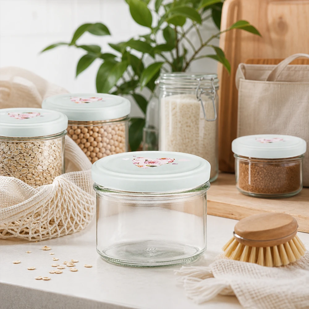 225ml Sturzglas + BasicSeal Deckel Herz mint UNiTWIST 225ml Sturzglas mit mint BasicSeal Herz-Deckel in nachhaltiger Zero-Waste Küche mit Vorratsgläsern und Jutebeutel