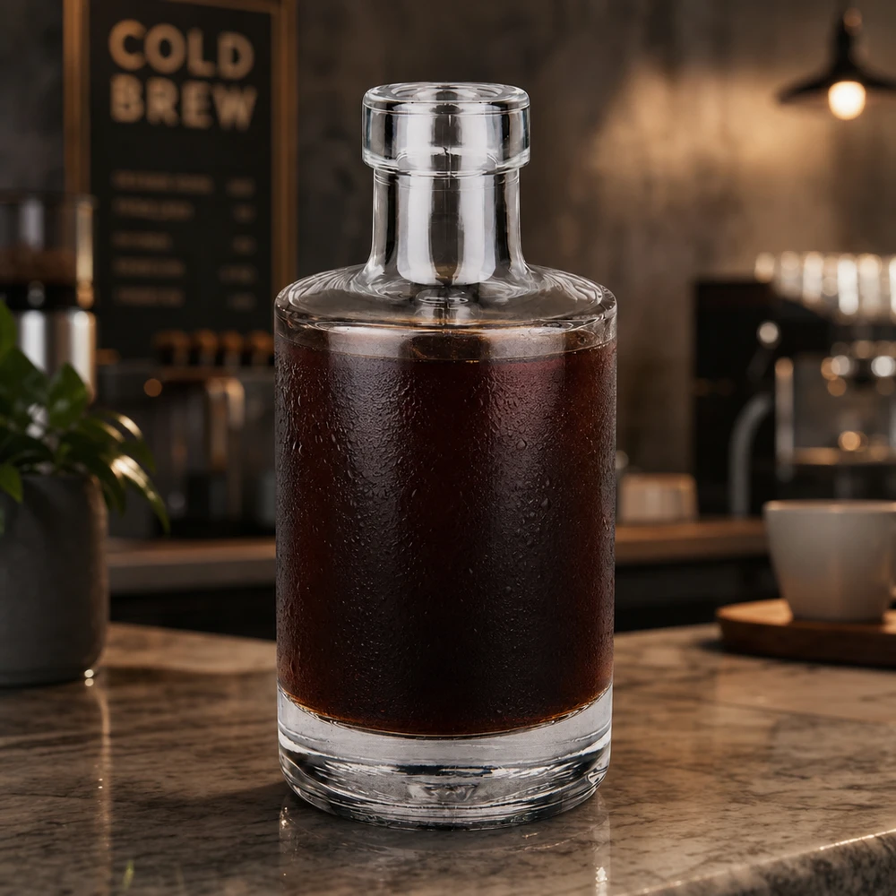Bottiglia di vetro da 200 ml Marie riempita di caffè freddo in un'atmosfera da caffè moderno Applicazione esempio caffetteria