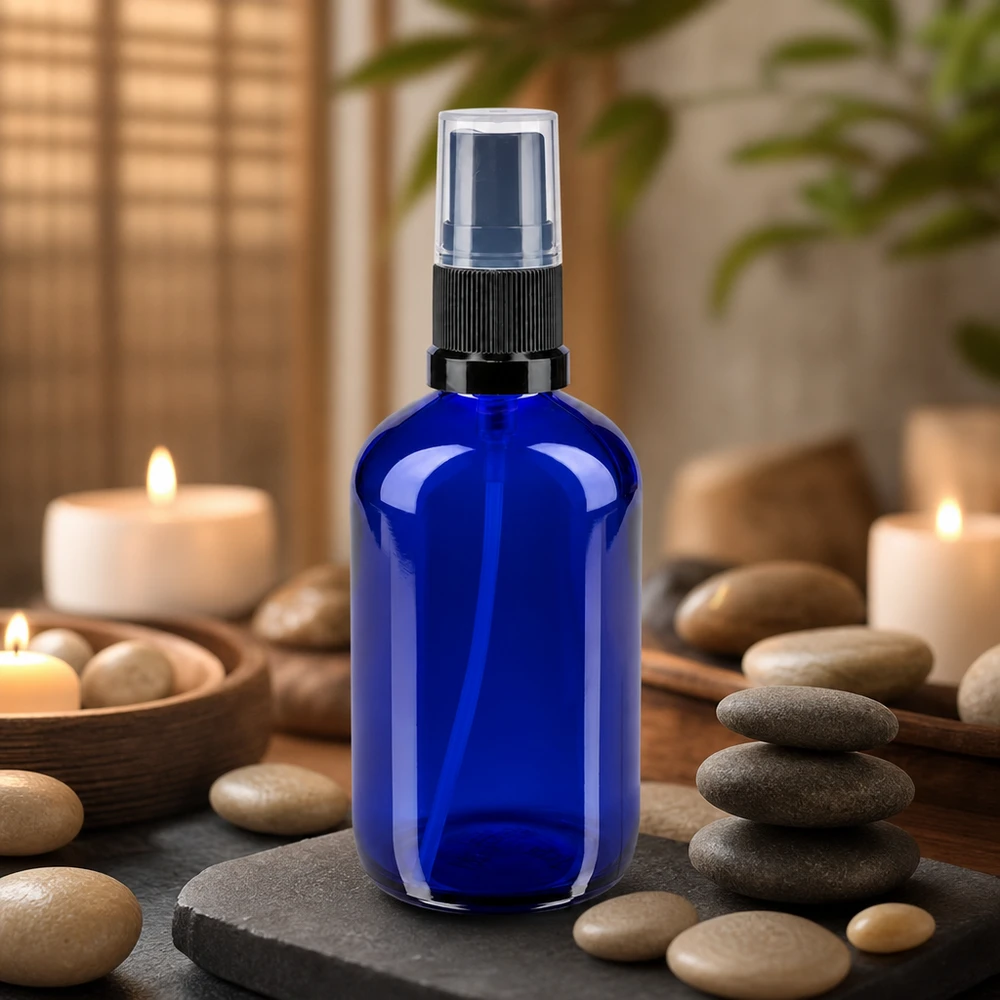 Apothekenflasche blau 100ml Sprayaufsatz schwarz Zylindrische 100ml Apotheker Sprühflasche in Kobaltblau mit schwarzem Zerstäuber im Wellness Setting