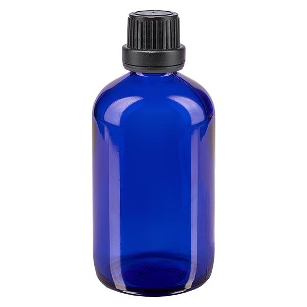 Flacon de pharmacie bleu 100ml bouchon inviolabilité 2mm noir Flacon de pharmacie bleu 100ml bouchon inviolabilité 2mm noir
