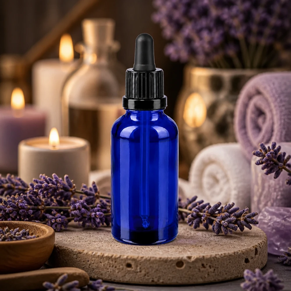 Elegante flacone contagocce blu da 30 ml OV BlueLine, perfetto per la cura della pelle e i sieri