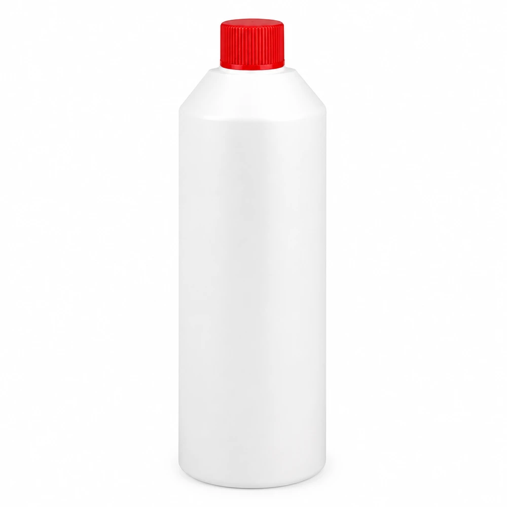Weiße HDPE Kunststoffflasche 250ml mit rotem Sicherheitsverschluss in zylindrischer Form