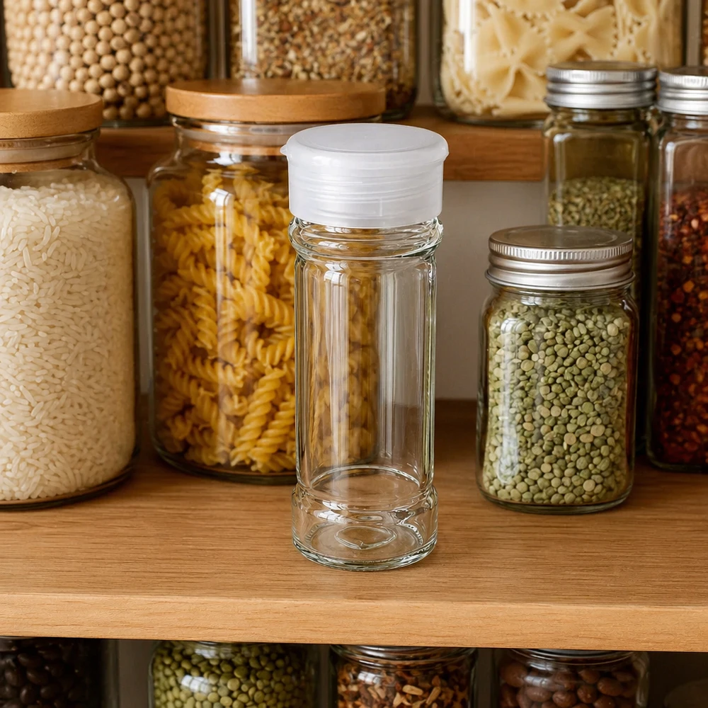 Pot à sel/épices 100 ml avec saupoudreuse, blanc Kompaktes Gewürzglas 100ml mit Streuaufsatz neben Vorratsgläsern mit Trockenware