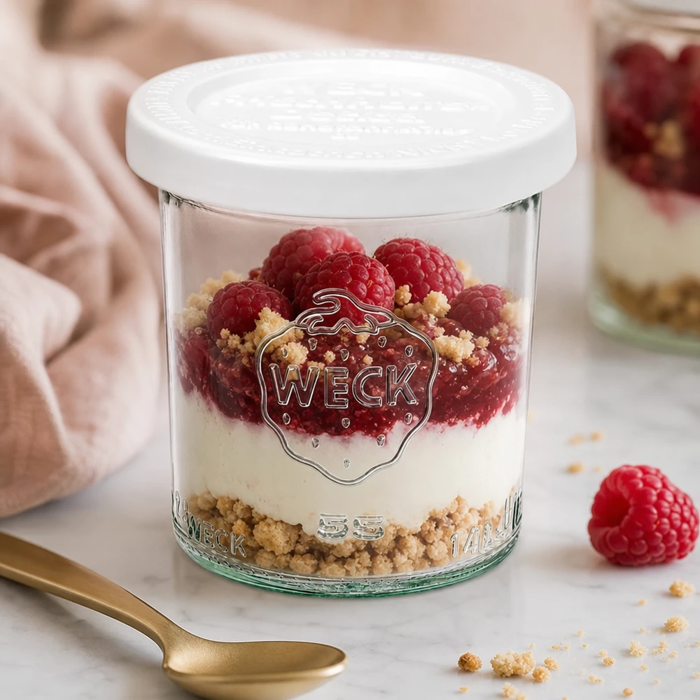Bocal en verre de 140 ml avec couvercle hermétique WECK RR60 WECK 140ml Sturzglas RR60 mit Himbeeren und Mascarpone-Dessert befüllt - elegante Präsentation für süße Nachspeisen