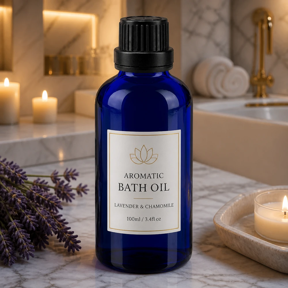 Apothekenflasche blau 50ml Schraubverschluss schwarz Dichteinlage Originalitätsverschluss Dunkelblaue Tropfflasche 50ml Glas schwarzer Verschluss im luxuriösen Spa-Setting