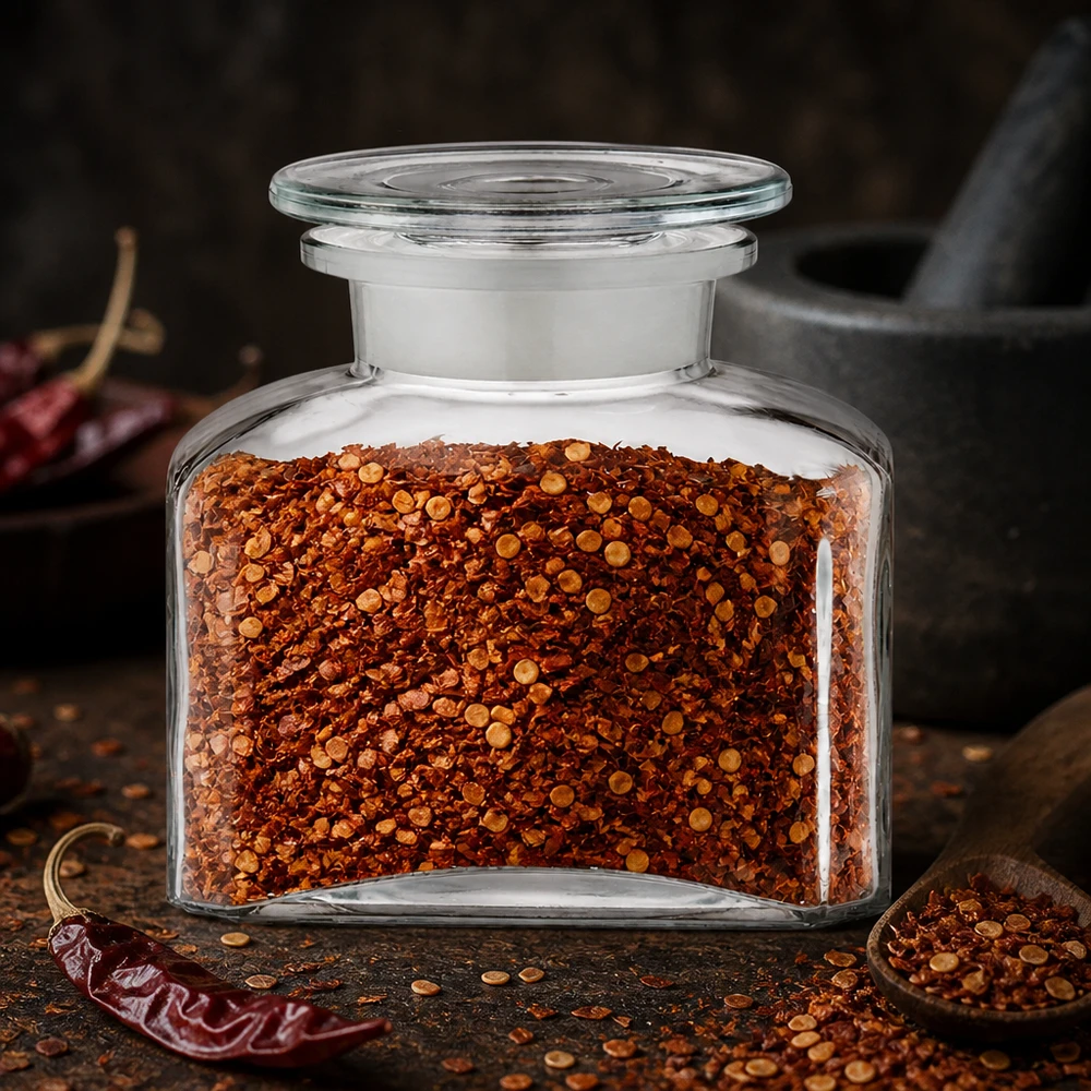 Contenitore per spezie in flacone da farmacia da 150 ml con fiocchi di peperoncino piccante su una superficie in legno scuro