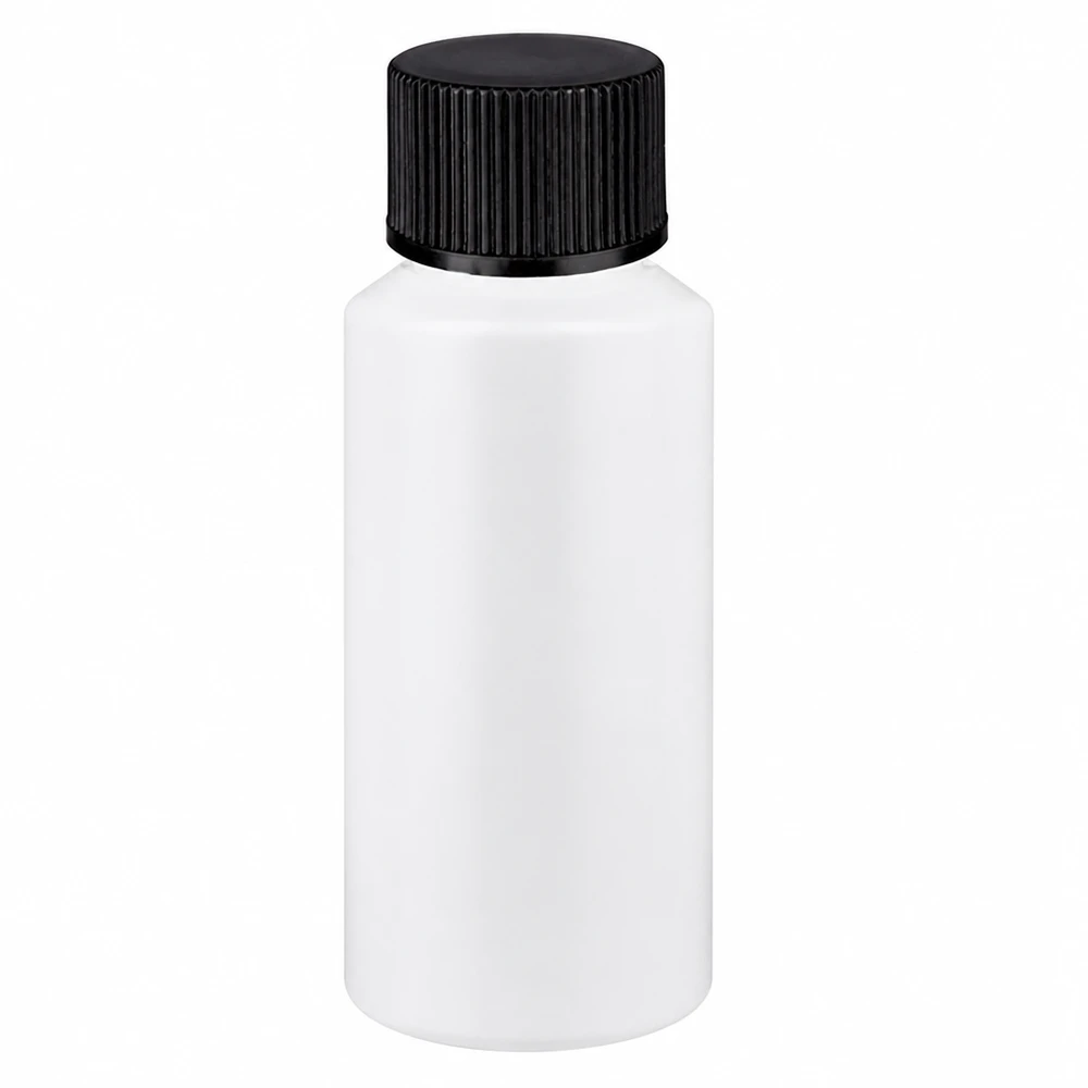 Weiße HDPE Kunststoffflasche 30ml zylindrisch mit schwarzem gerilltem Schraubdeckel
