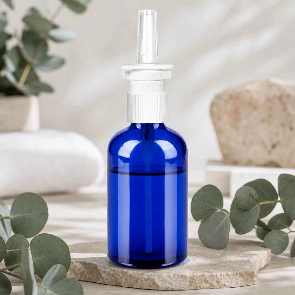 100ml Nasensprayflaschwarz weiß/transparent Standardverschluss BlueLine UT18/100 100ml Glasflasche BlueLine mit feinem Sprühnebel perfekt für nasale Medikamente und Pflege