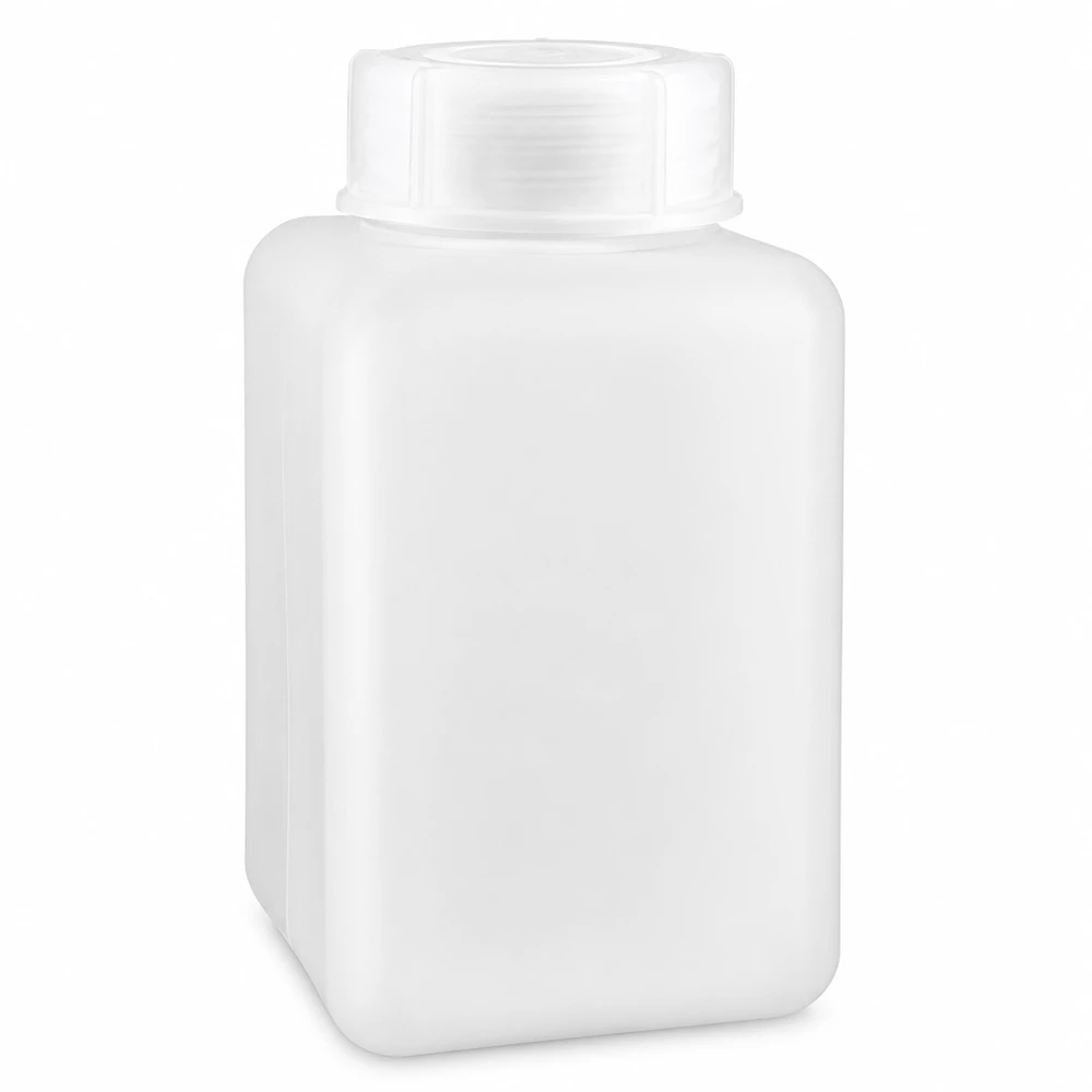 Flacon à produits chimiques 1000 ml à col large, PEHD couleur naturelle, avec bouchon à vis GL 65 Bouteille robuste à goulot large en PE-HD, 1 000 ml, de forme rectangulaire, couleur naturelle, résistante aux produits chimiques, avec bouchon