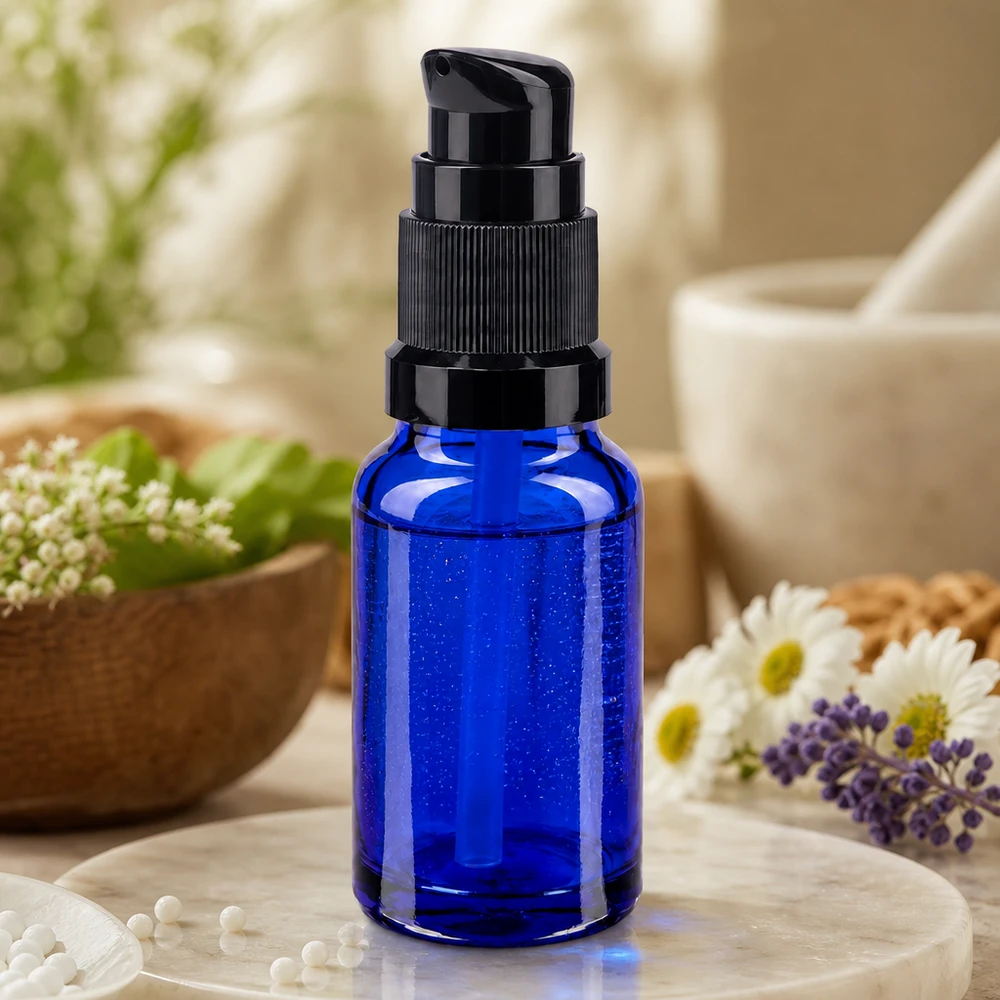 Apothekenflasche blau 10ml PumpVerschluss schwarz Standard UV-Schutz Glasflasche 10ml kobaltblau mit schwarzem Pumpkopf für Naturkosmetik