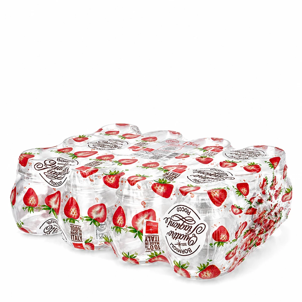 Barattolo da 150ml "Quattro Stagioni" Confezione da 12 vasetti Quattro Stagioni da 150 ml con disegno di fragole e coperchio a vite per conservare