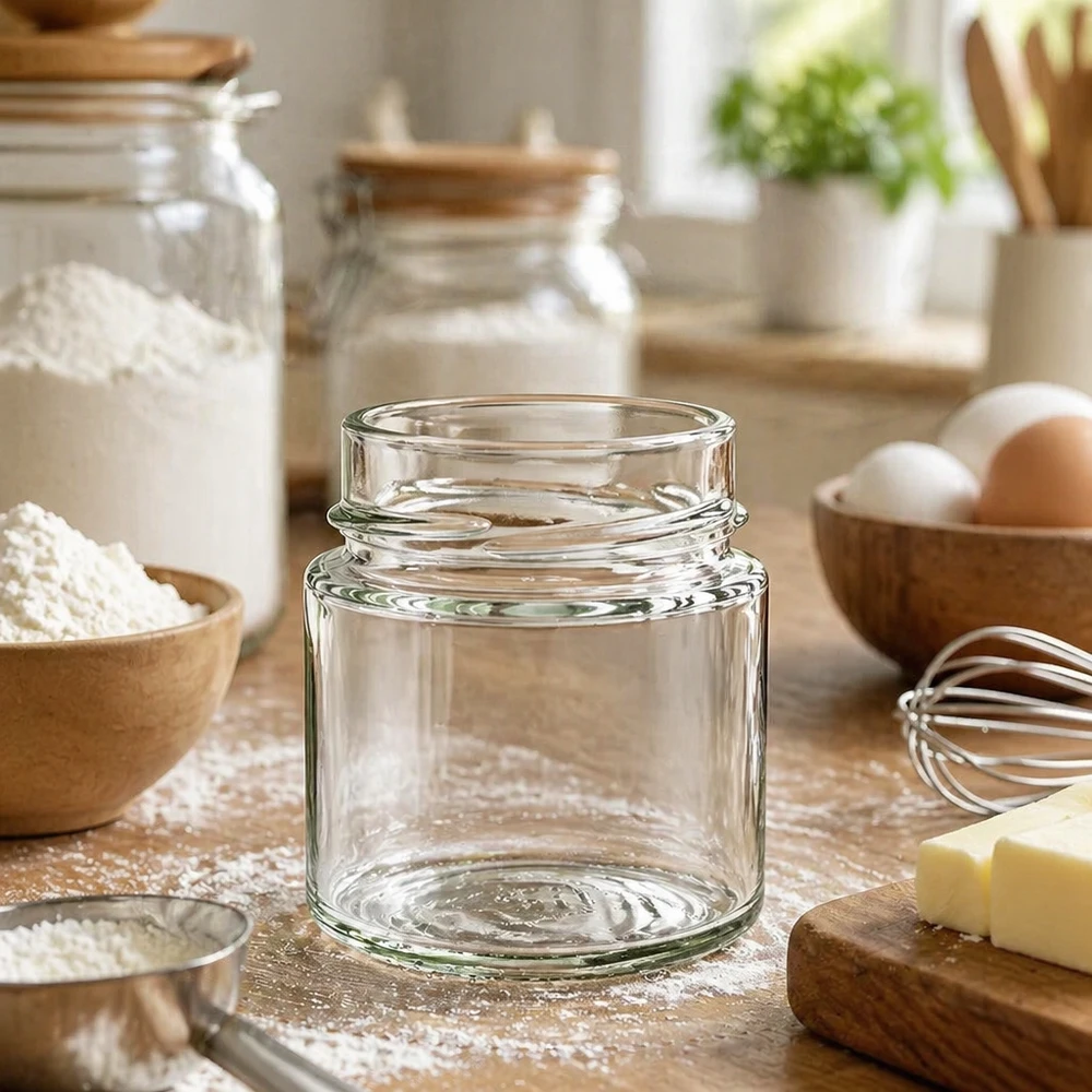 Barattolo da conserva rotondo vuoto 135ml UNiTWIST Runda135 TO58deep sul tavolo della cucina tra gli ingredienti da forno e gli utensili da cucina