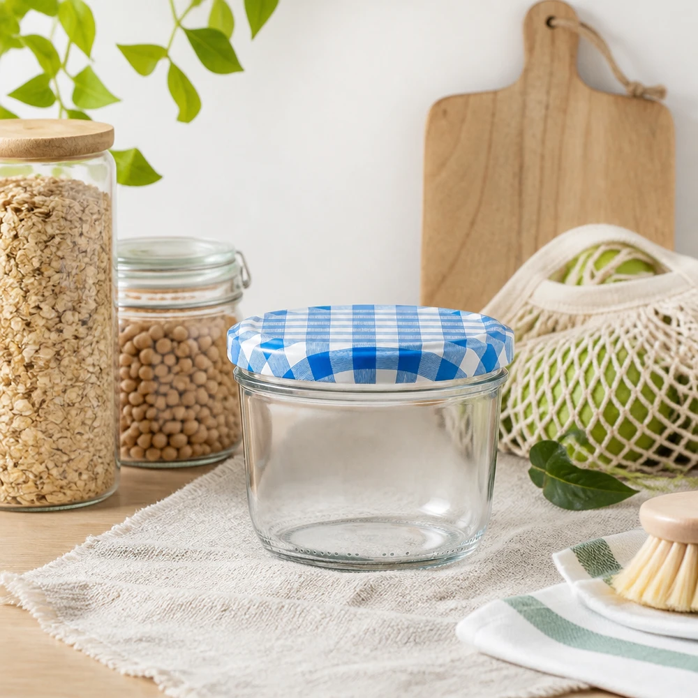 Bicchieri vuoti da 230 ml con coperchio BasicSeal blu e bianco in un ambiente di cucina sostenibile con barattoli di stoccaggio