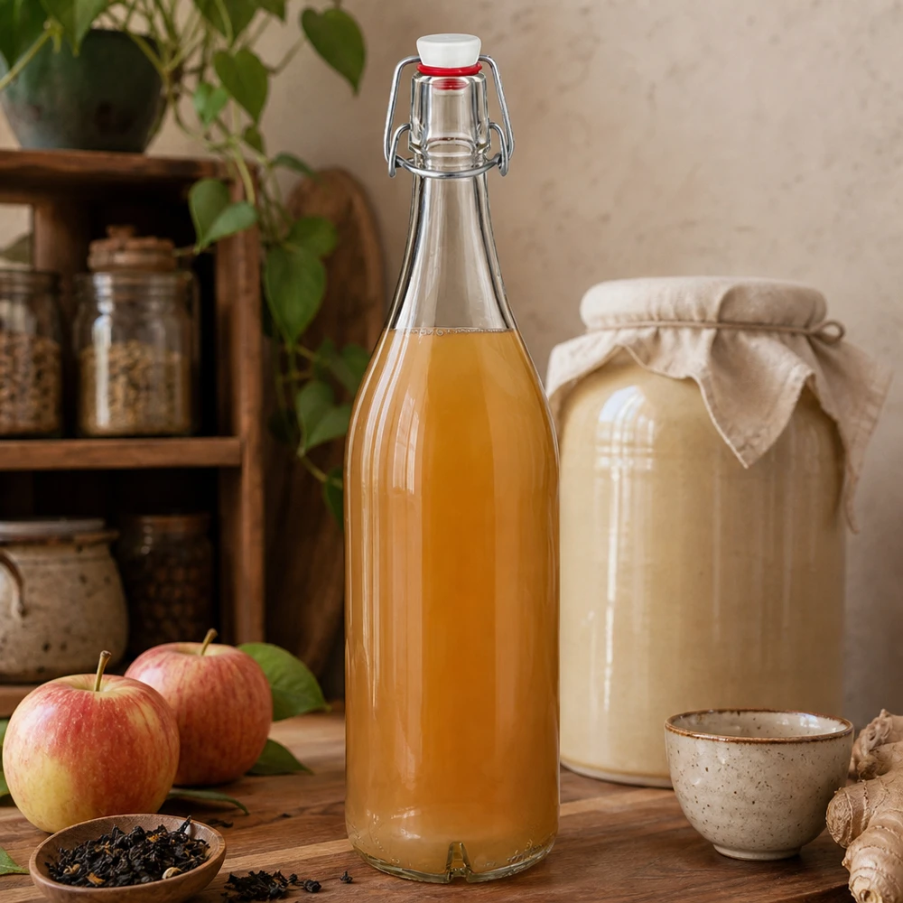 Bottiglia di vetro da 1000ml + piano oscillante in porcellana UN. Bottiglia di vetro da 1000 ml con tappo oscillante riempita di succo di mela accanto a mele fresche e kombucha in una cucina rustica