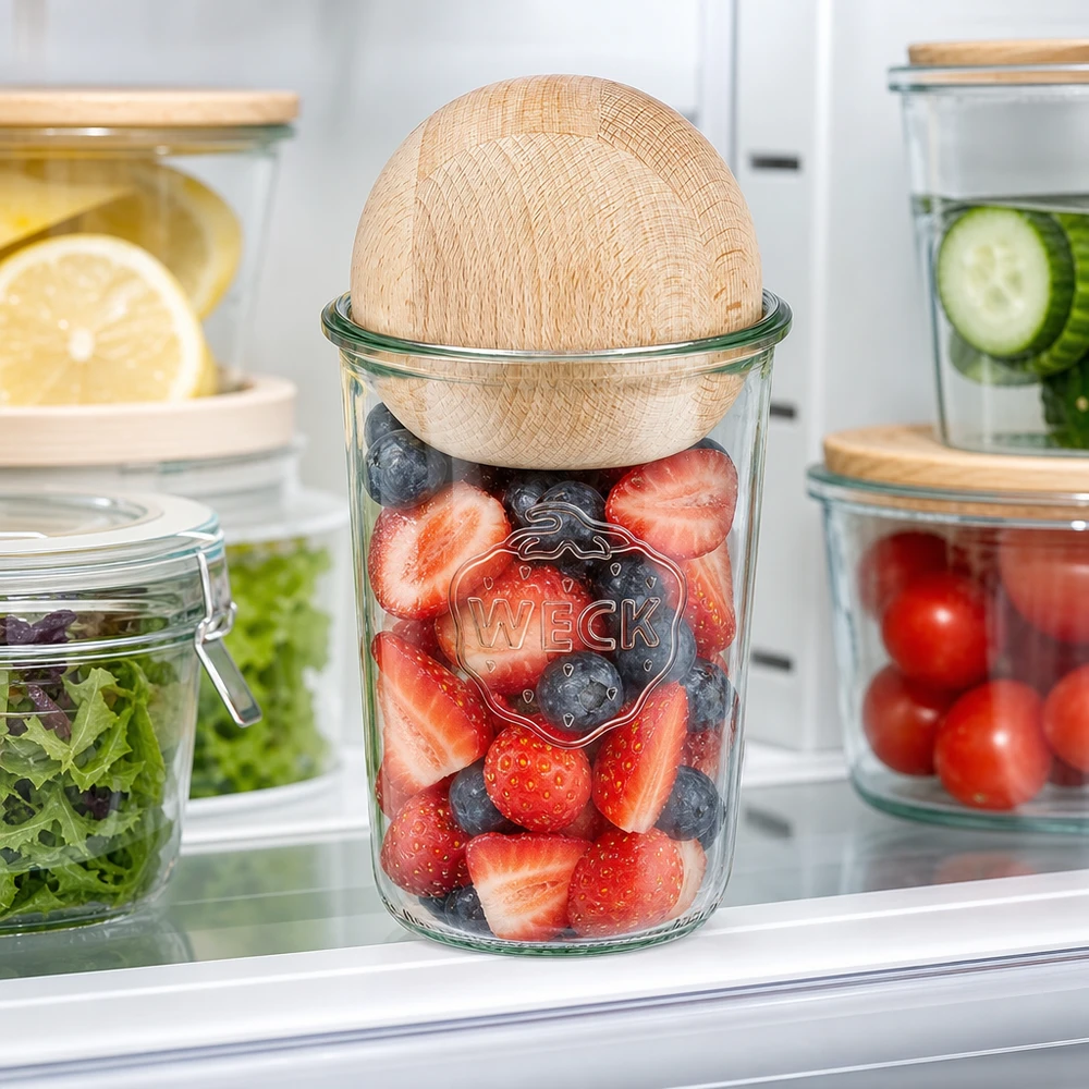 850ml Sturzglas WECK RR100 mit Holzkugel Buche WECK RR100 Sturzglas 850ml mit frischen Beeren im Kühlschrank, Buche-Holzkugel als Deckel für Frischhaltung
