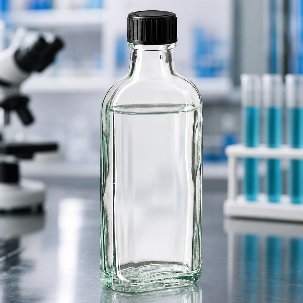 100 ml Meplat klar Schraubverschluss mit EPE-Dichtscheibe Lebensmittelechte 100ml Meplat Glasflasche mit EPE-Dichtscheibe im wissenschaftlichen Laborsetting