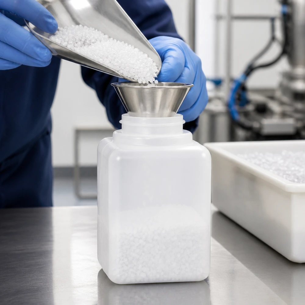 Entonnoir en acier inoxydable monté sur un flacon carré de 20 ml en PE-HD à col étroit destiné aux produits chimiques, utilisé pour le remplissage de granulés