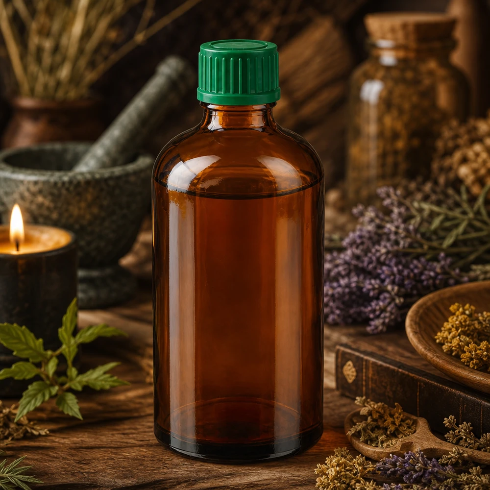 Flacone da farmacista tradizionale da 100 ml in vetro marrone con tappo verde standard per operatori alternativi