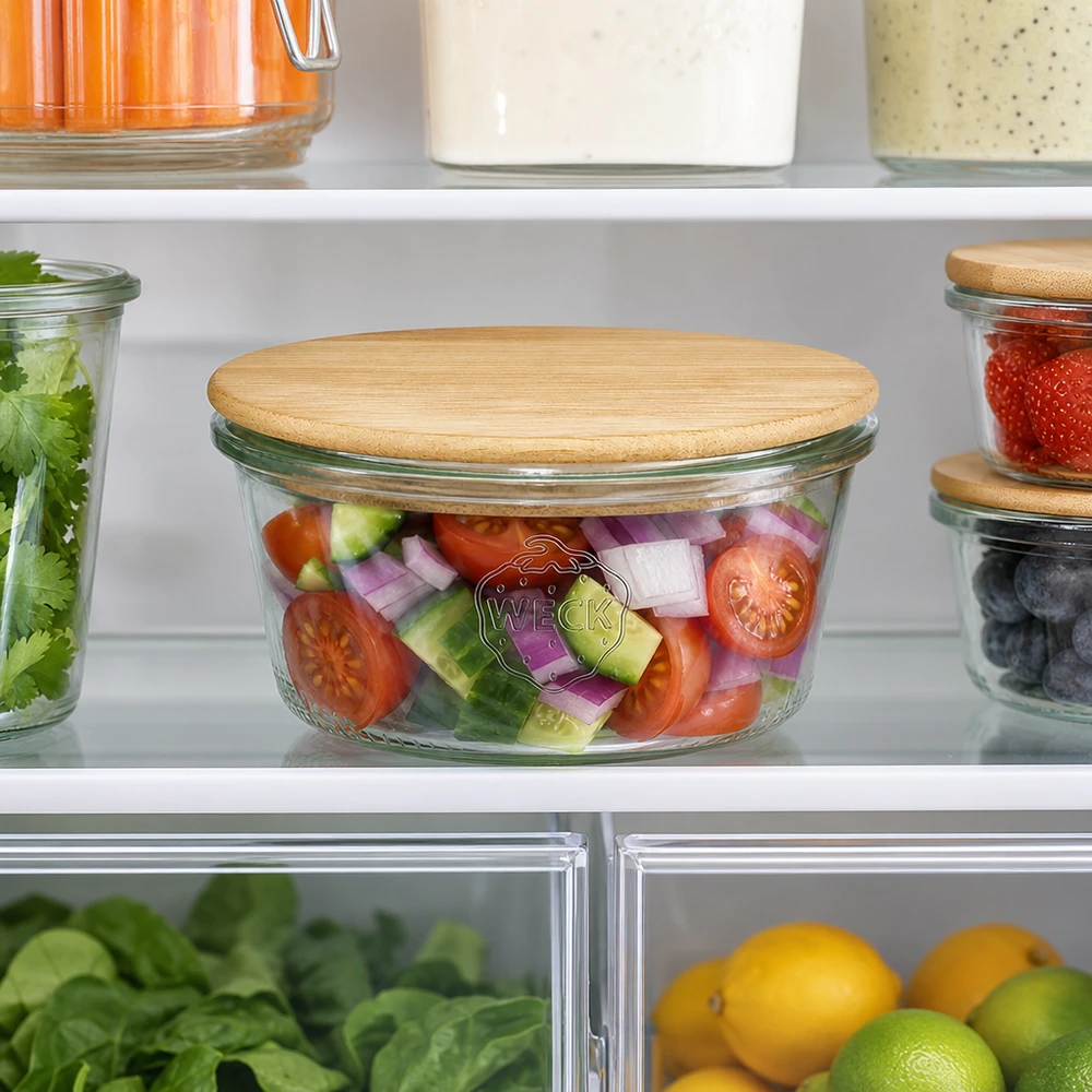 290ml Sturzglas niedrig WECK RR100 mit Holzdeckel WECK Sturzglas 290ml RR100 mit Bambus-Holzdeckel im Kühlschrank, gefüllt mit frischem Salat, optimale Aufbewahrung