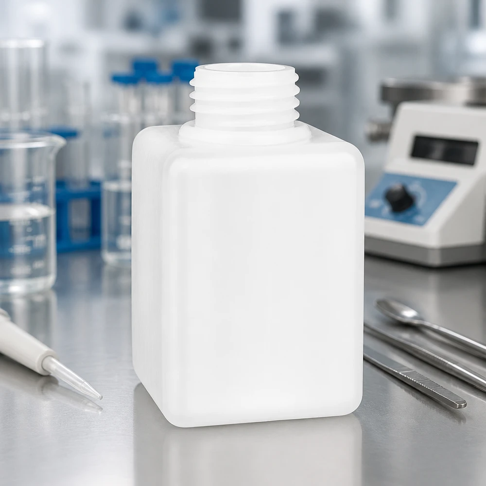 Flacons de laboratoire vides en PE-HD de 100 ml, à col étroit, GL 25, de forme angulaire, adaptés aux produits chimiques et aux réactifs