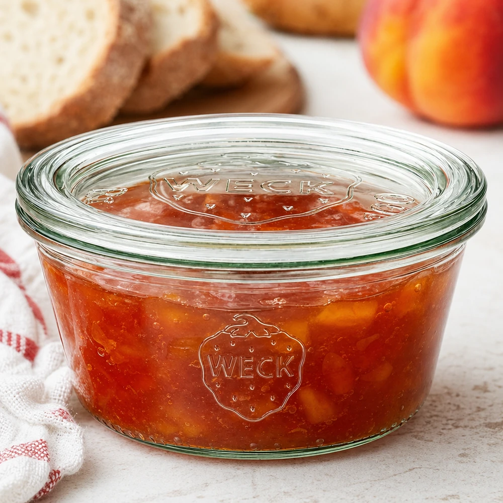 Bocal WECK RR100 de 290 ml, à bord évasé et couvercle en verre WECK Glas 290ml RR100 mit Pfirsichmarmelade und Glasdeckel neben Brot und Obst in gemütlicher Küchenszene