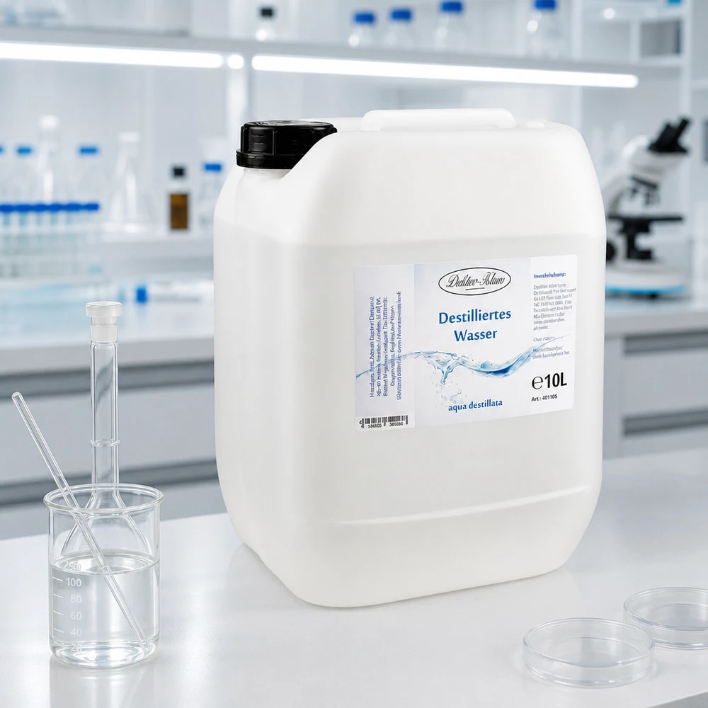 Acqua distillata Doktor-Klaus 10L in ambiente di laboratorio di alta qualità con vetreria e microscopio