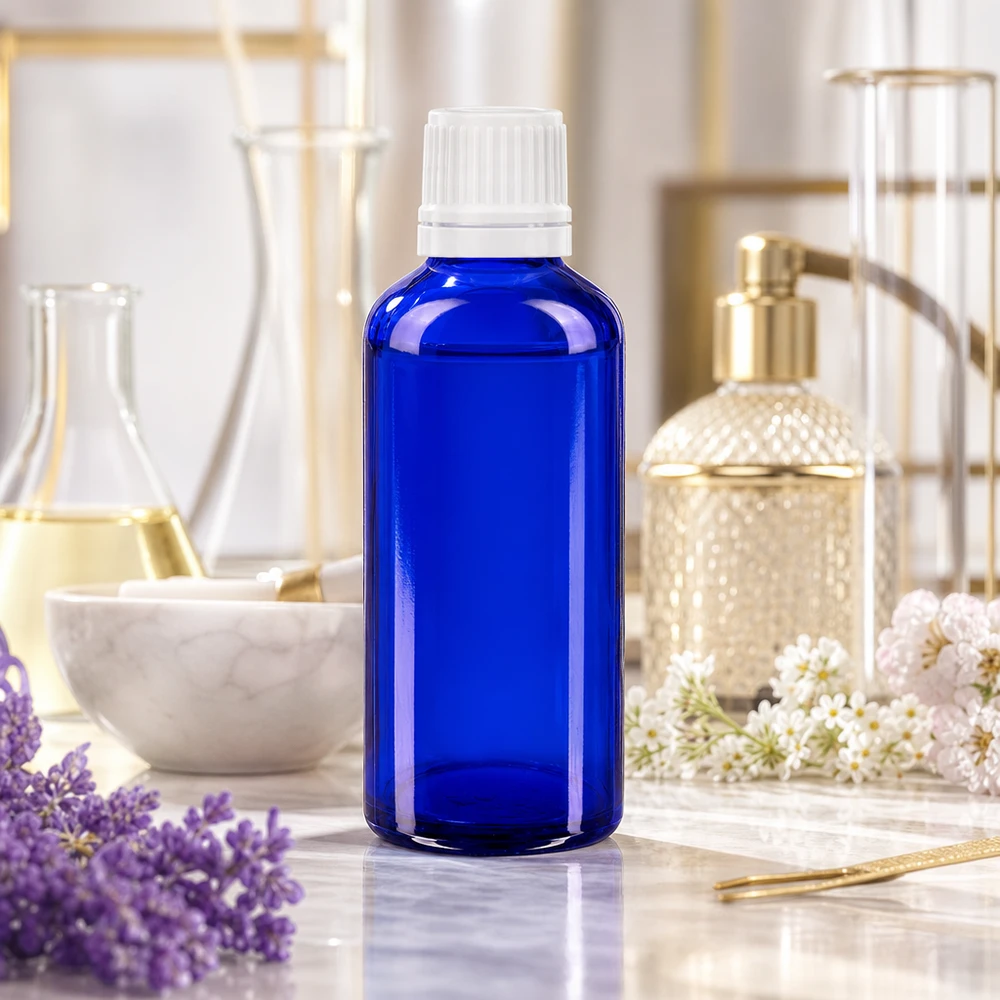 Flacon en verre bleu de 50 ml avec compte-gouttes blanc de 0,7 mm pour un dosage précis