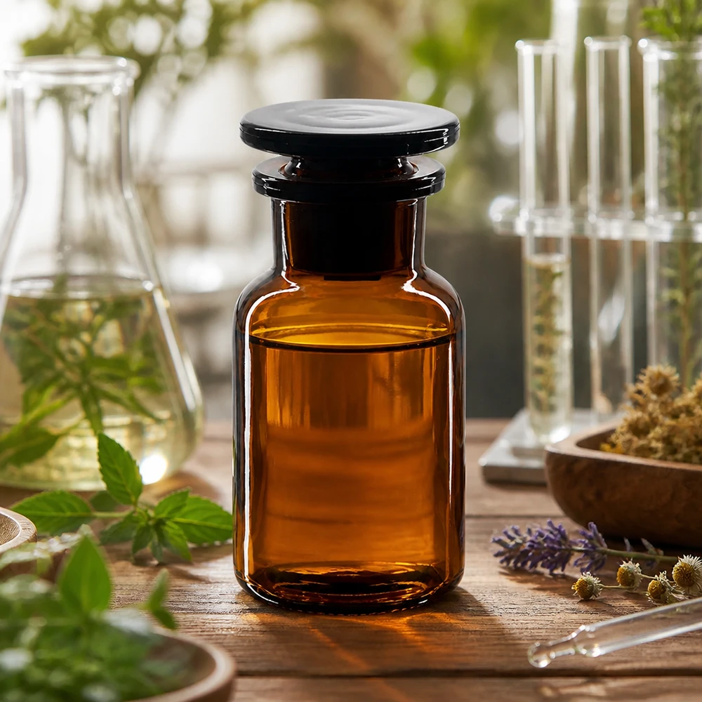 Bottiglia a spalla rotonda 100ml marrone a collo largo con tappo in vetro Fiaschetta da farmacia color ambra da 100 ml a collo largo con tappo di vetro nero su un tavolino di legno