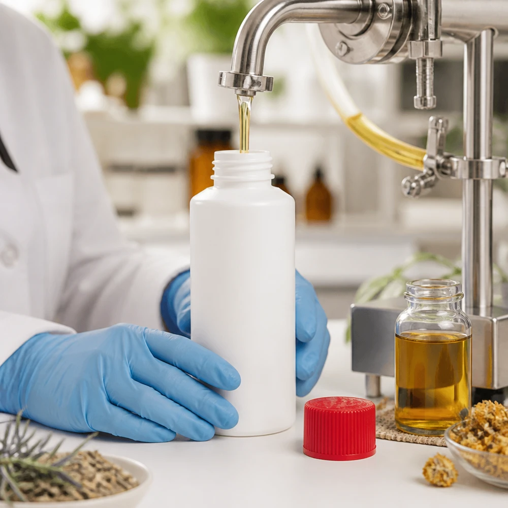 Flacon rond blanc en HDPE de 30 ml avec bouchon de sécurité rouge, destiné au conditionnement professionnel d'huile en laboratoire