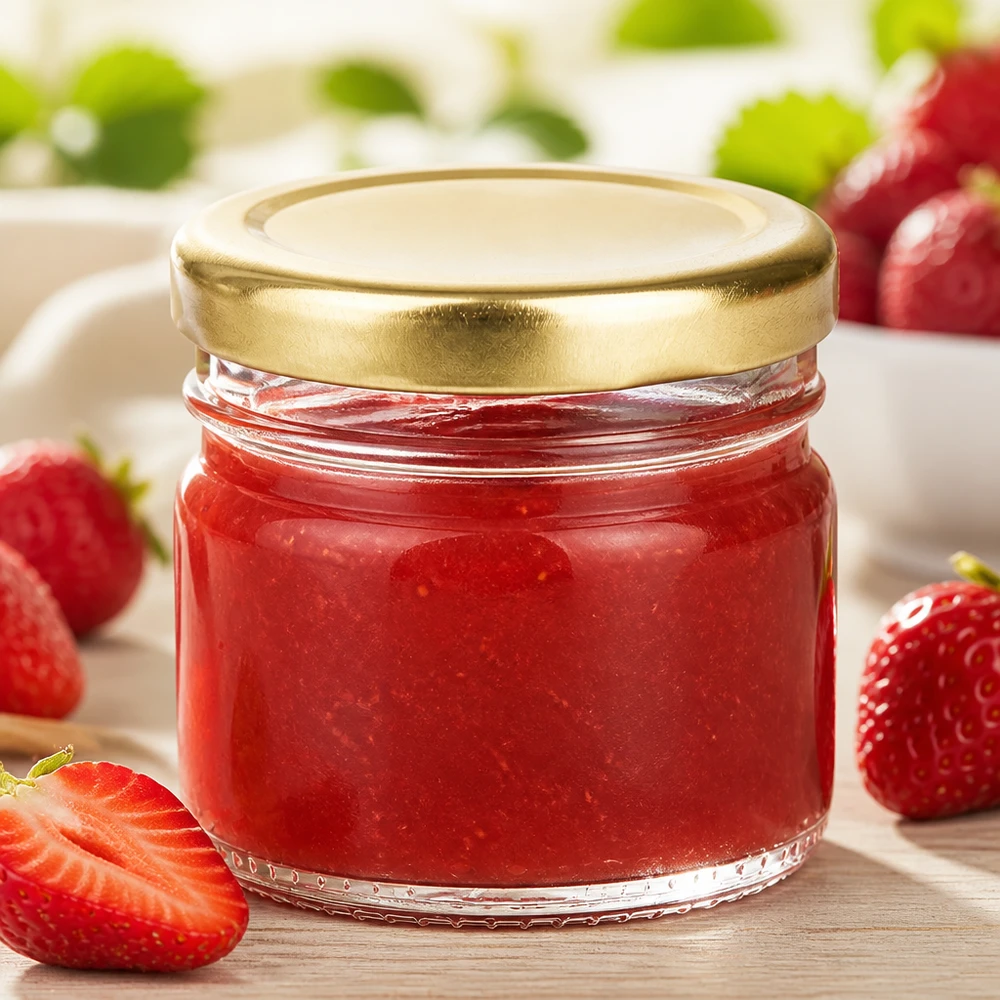 33ml Rundglas + BasicSeal Deckel gold UNiTWIST Selbstgemachte Erdbeermarmelade im 33ml Einmachglas mit goldfarbenem Schraubverschluss und frischen Erdbeeren
