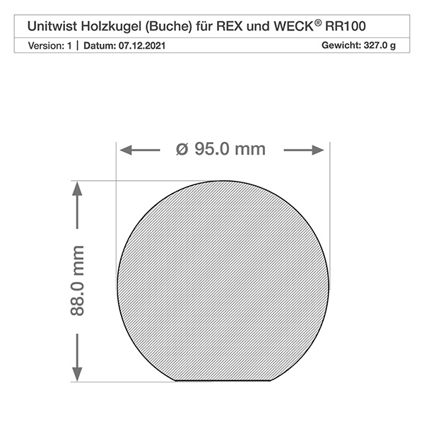 Vaso cilindrico da 1590 ml WECK RR100 con sfera in legno di faggio Disegno tecnico della sfera in legno di faggio per vaso WECK RR100 con dimensioni di 95 mm di diametro e 88 mm di altezza