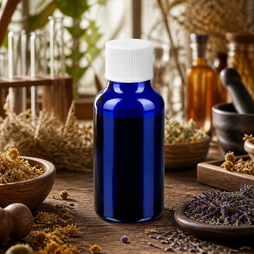 BlueLine, flacone da 20 ml con vetro blu che protegge dalla luce e tappo sicuro da 11 mm.