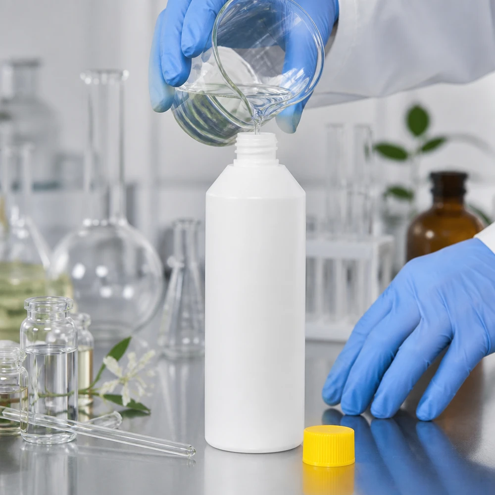 Un chimiste portant des gants bleus remplit une bouteille blanche en PEHD de 250 ml avec un liquide de laboratoire.