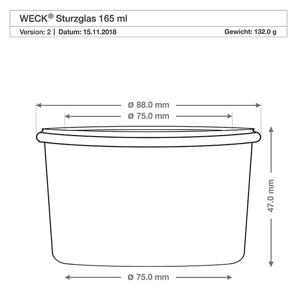 Set di 24 bicchieri Weck da 165ml Disegno tecnico dimensionale dei tumbler WECK 165ml RR80 con dimensioni diametro 88mm altezza 47mm peso 132g