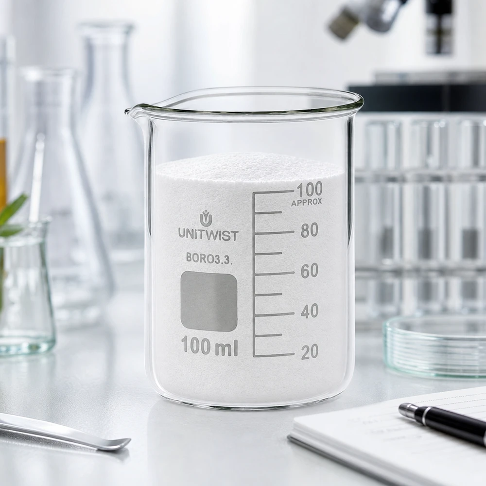 Bicchiere 100ml borosilicato, stampo basso UNiTWIST Bicchiere da laboratorio UNiTWIST da 100 ml riempito di polvere bianca sul piano di lavoro del laboratorio