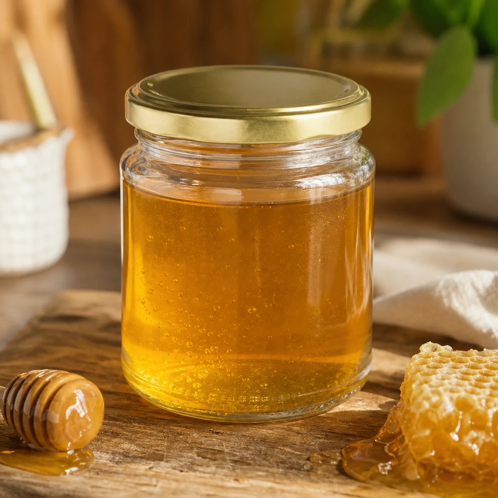 212ml Rundglas + BasicSeal Deckel gold TO63 UNiTWIST 212ml Rundglas UNiTWIST mit goldenem Deckel gefüllt mit Honig neben Honigwaben und Honiglöffel auf Holzbrett