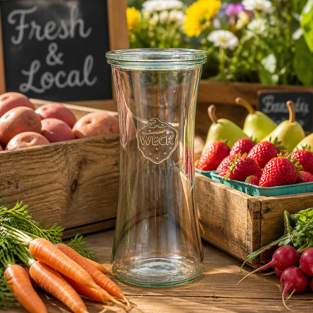 Barattolo da 700 ml con coperchio in vetro WECK RR80 Vaso da salumeria WECK 700ml RR80 tra frutta e verdura fresca su un tavolo di legno rustico - vaso da conserva per prodotti locali