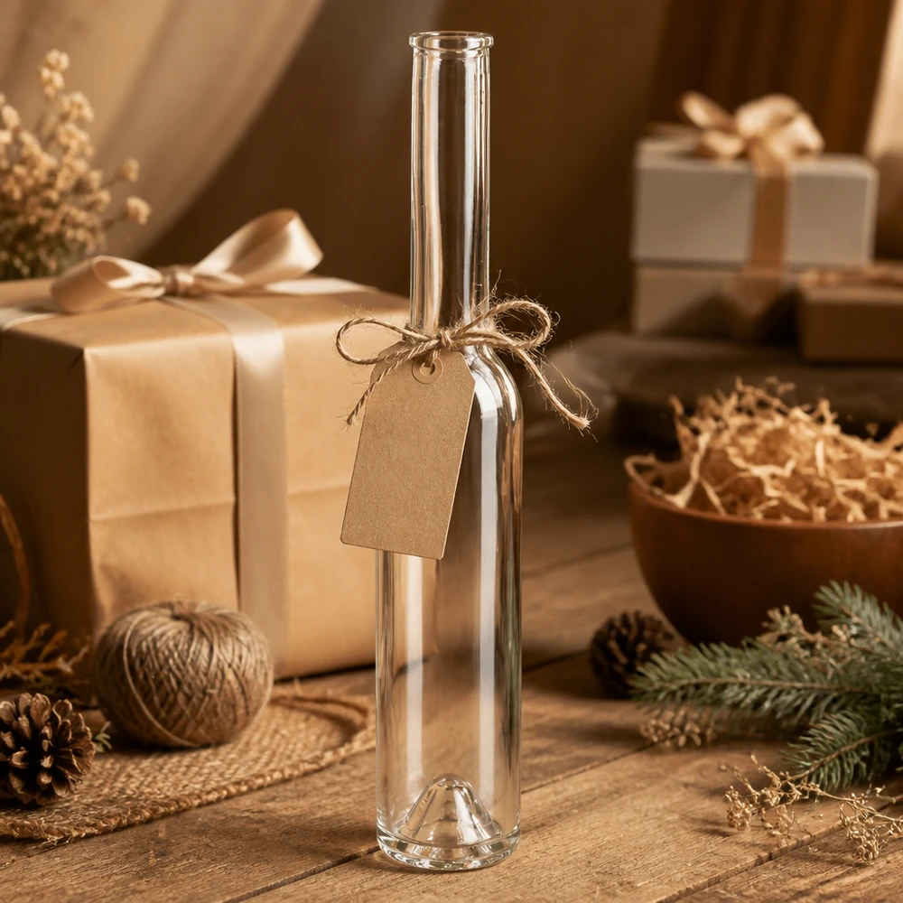 200ml Glasflasche Hugo leer mit Geschenkanhänger rustikale Verpackung Bastelmaterial Weihnachtsdeko Naturmaterialien