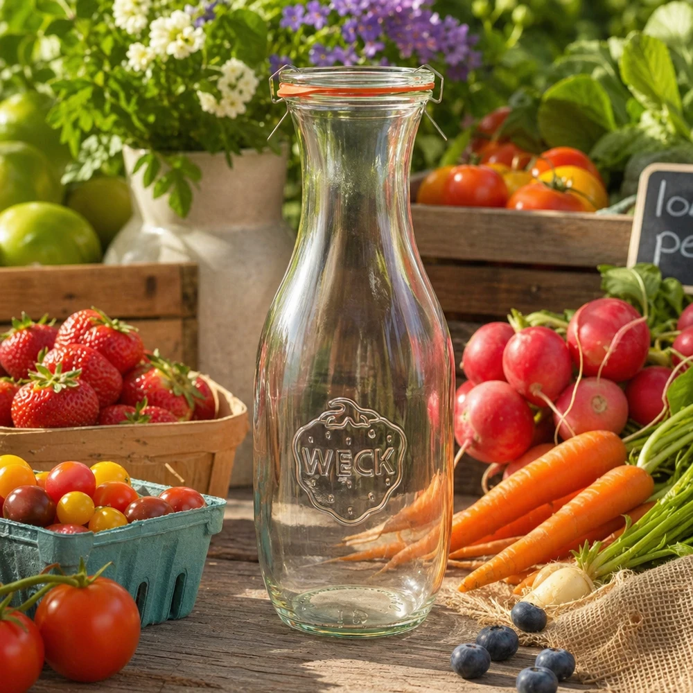 Bottiglia per succhi da 1062 ml, set completo WECK RR60 Bottiglia di succo WECK 1062ml RR60 vuota tra frutta e verdura fresca su tavolo in legno Ambiente mercato contadino naturale