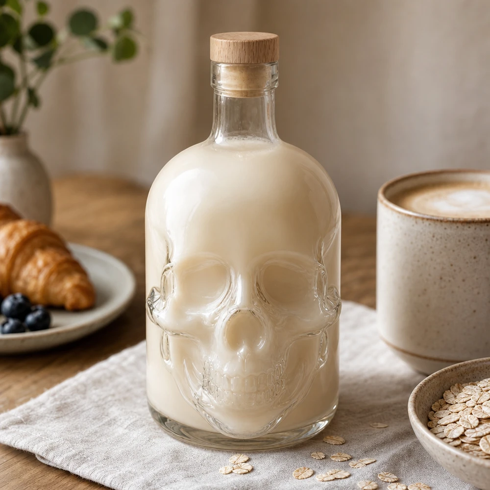 Bottiglia in vetro da 700 ml Jack con tappo in sughero con impugnatura in legno UNiTWIST® Totenkopf-Glasflasche 700ml Jack mit cremiger Milchfüllung beim Frühstück mit Croissant und Haferflocken