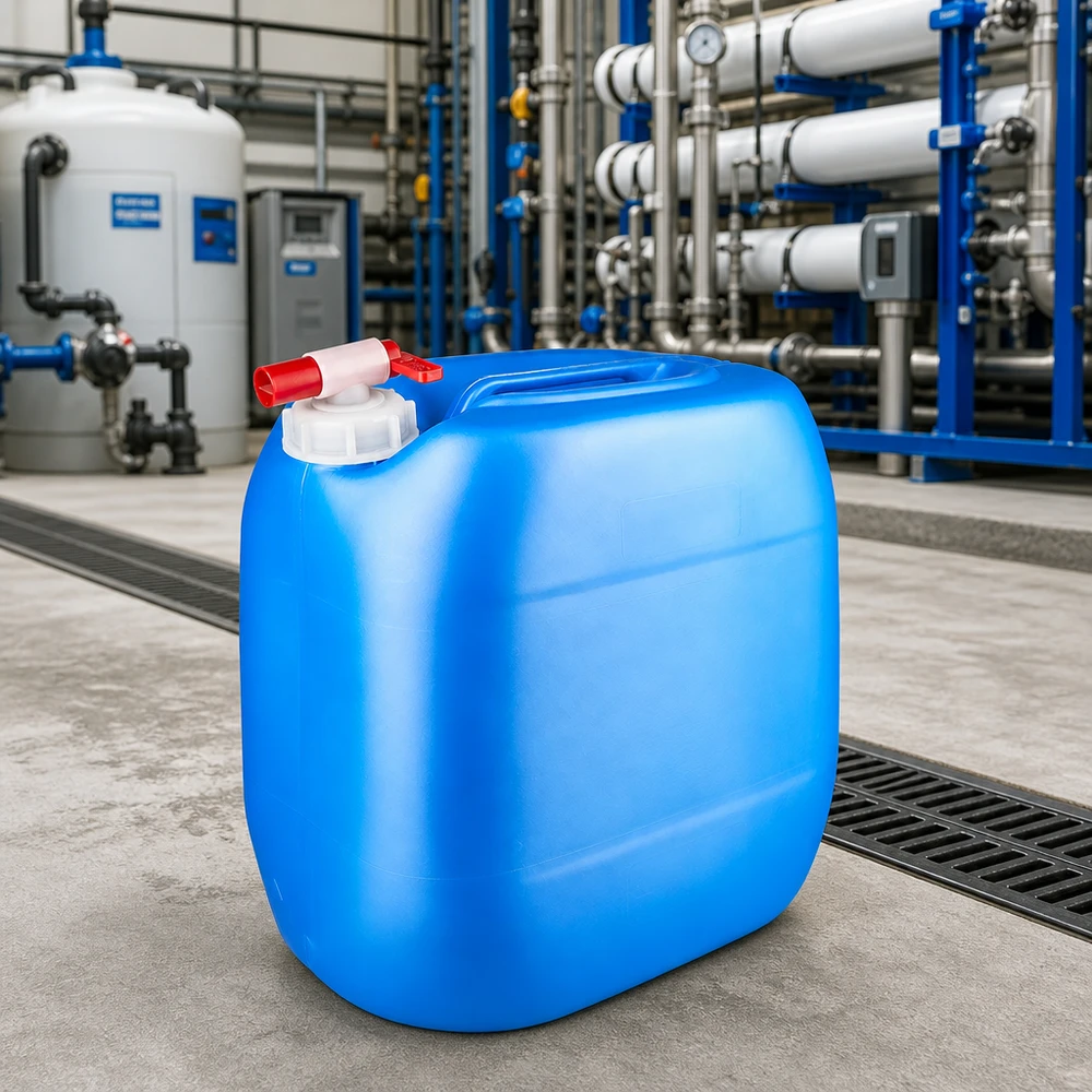 Bidon 30 litres bleu avec robinet Bidon d'eau portable de 30 litres, bleu, avec robinet de vidange, dans une station moderne de traitement de l'eau