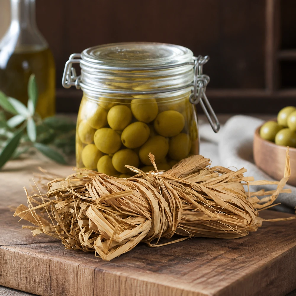 Fibra naturale per decorazioni, 30 g La rafia naturale 30g di colore beige dorato disposta su una tavola di legno mostra un uso versatile per la decorazione e l'artigianato.
