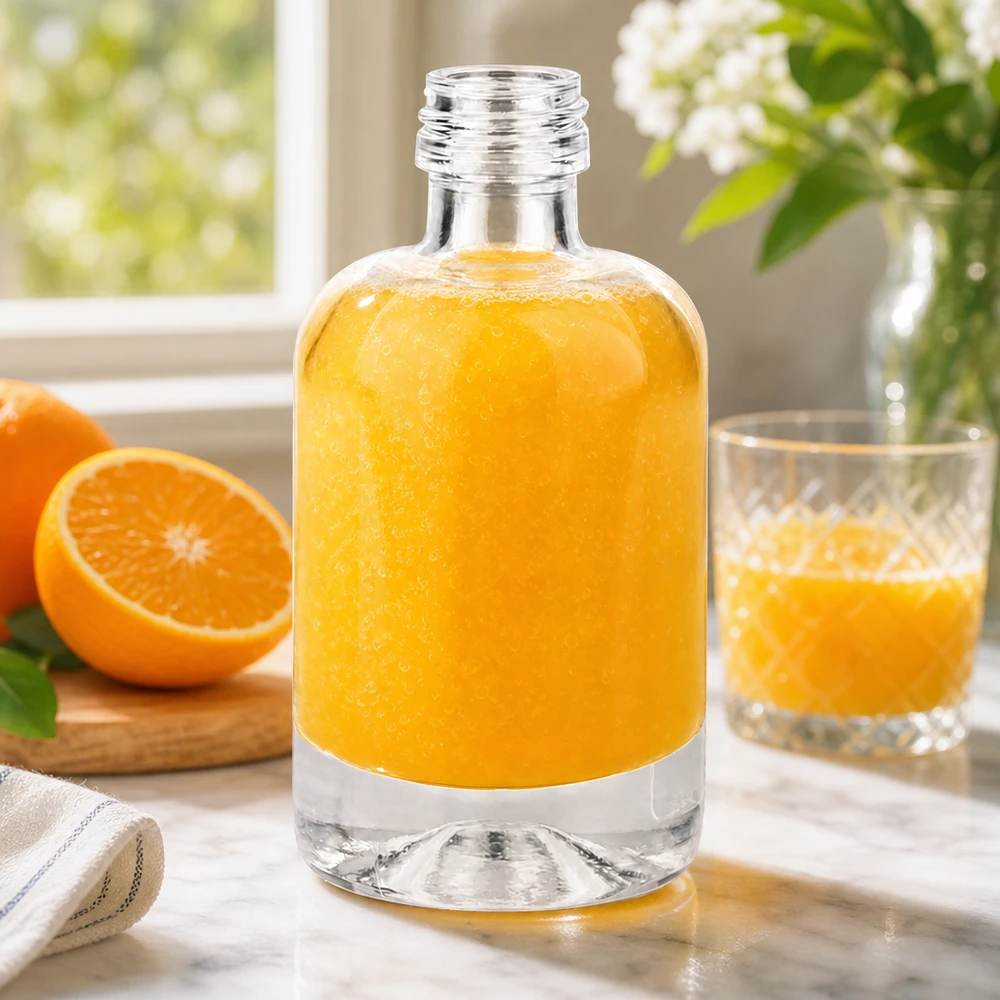 Bottiglia di vetro da 40 ml Sara riempita di succo d'arancia mostra la versatilità per bevande e cosmetici senza tappo