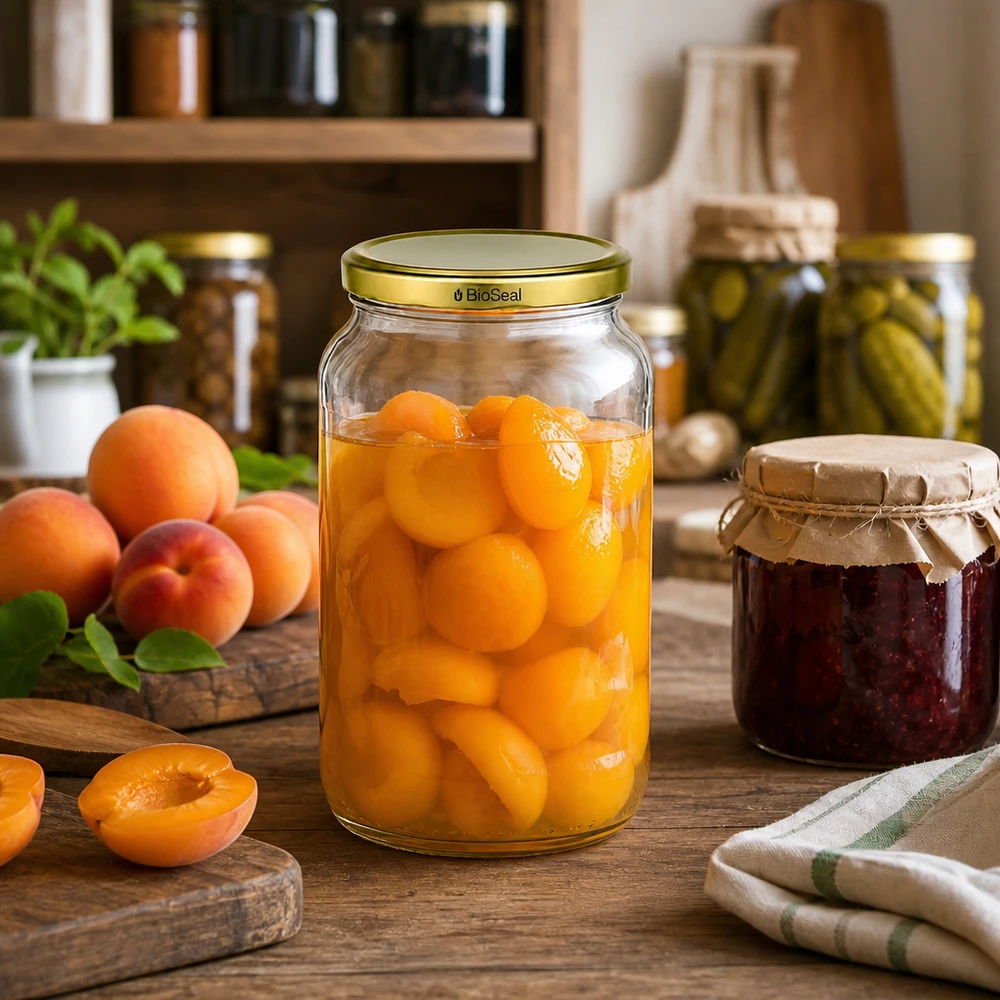 UNiTWIST Runda1062 barattolo per conserve di albicocche TO82 BioSeal coperchio dorato per conserve di frutta