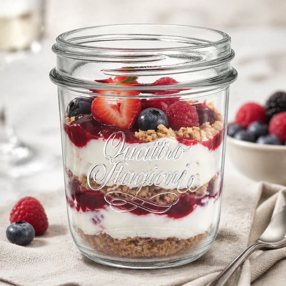 Quattro Stagioni mason jar 320ml riempito con dessert a strati ai frutti di bosco QS86mm screw top mason jar