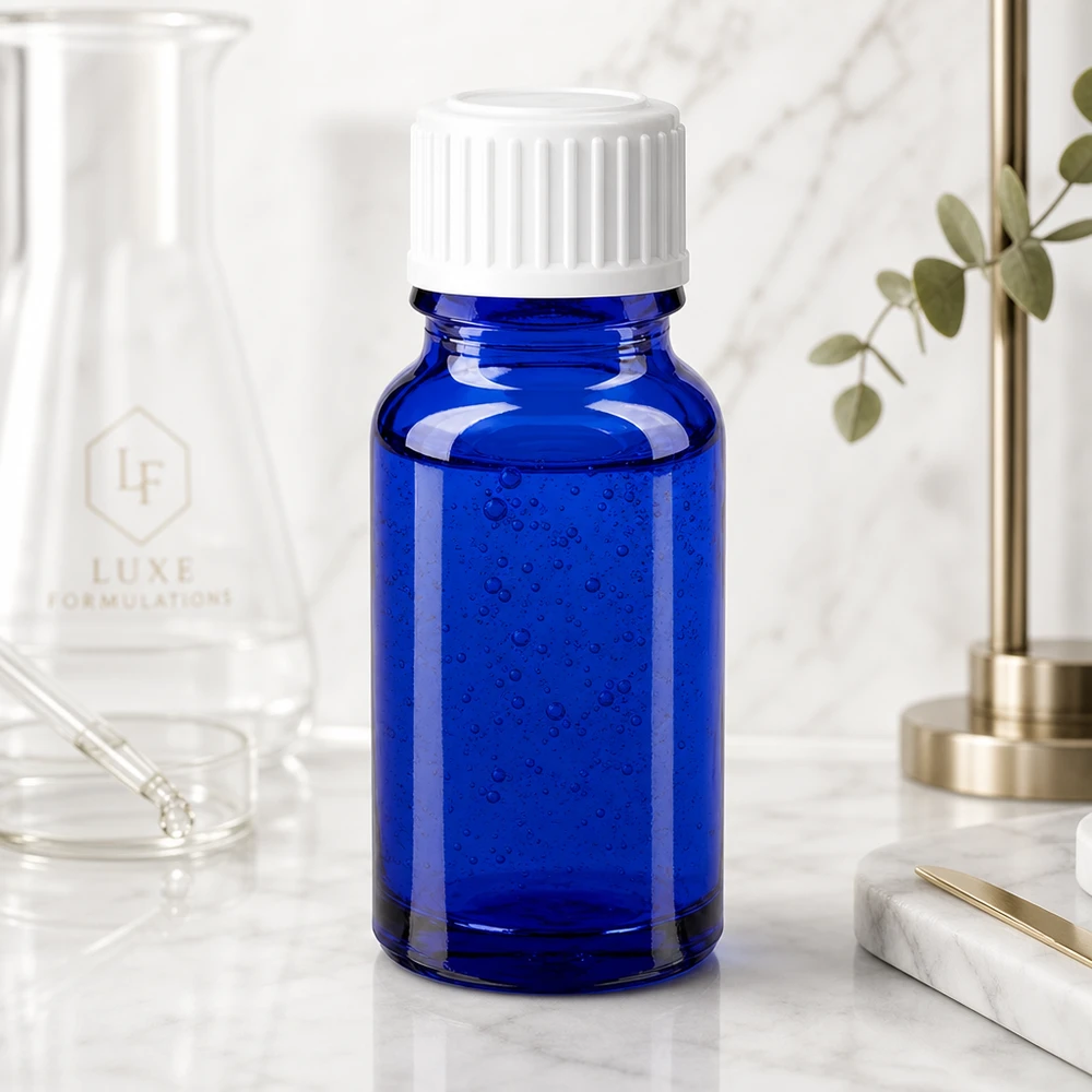 Apothekenflasche blau 10ml Schraubverschluss weiß Standard Lichtschutz Apothekerflasche 10ml in Blau mit weißem 11mm Verschluss auf Marmoroberfläche