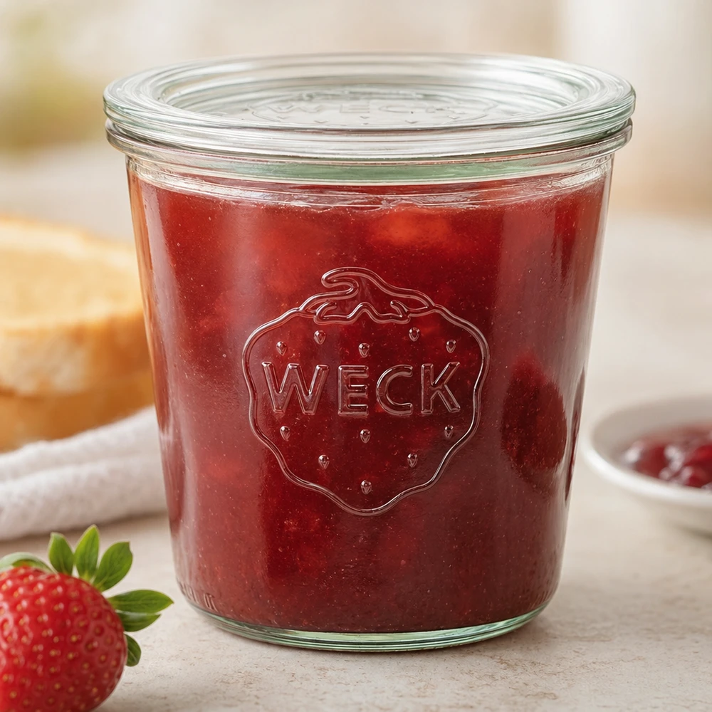 Bocal en verre de 580 ml avec couvercle en verre WECK RR100 WECK Sturzglas 580ml RR100 mit roter Erdbeermarmelade und Strawberry-Logo auf Küchenarbeitsplatte